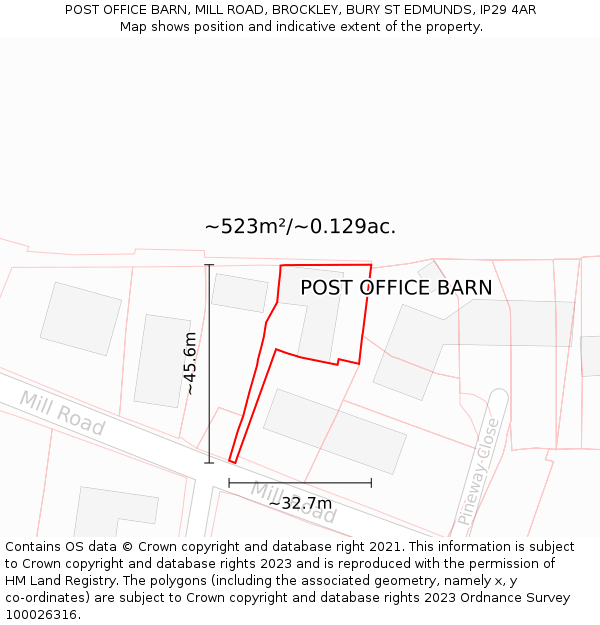 POST OFFICE BARN, MILL ROAD, BROCKLEY, BURY ST EDMUNDS, IP29 4AR: Plot and title map