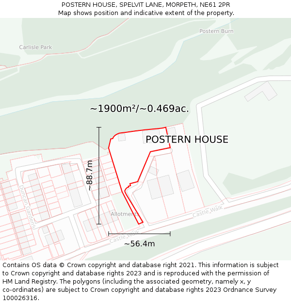 POSTERN HOUSE, SPELVIT LANE, MORPETH, NE61 2PR: Plot and title map