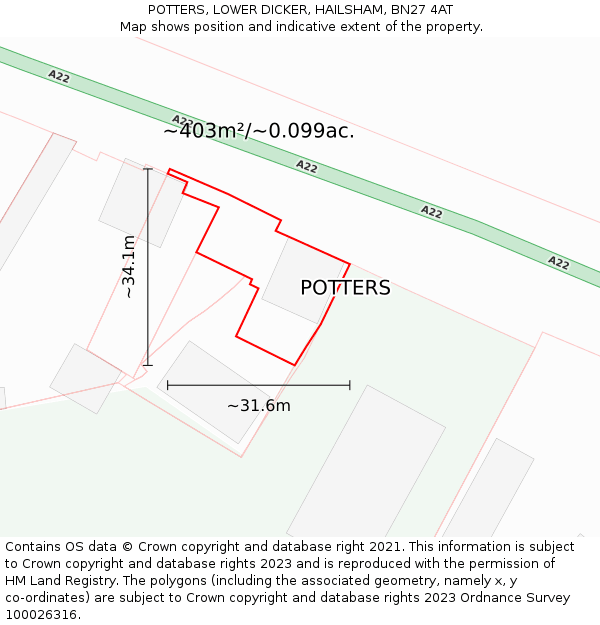 POTTERS, LOWER DICKER, HAILSHAM, BN27 4AT: Plot and title map