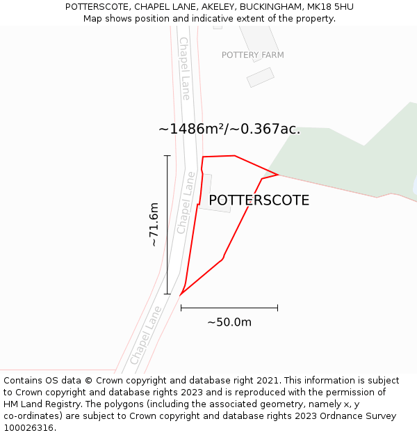 POTTERSCOTE, CHAPEL LANE, AKELEY, BUCKINGHAM, MK18 5HU: Plot and title map