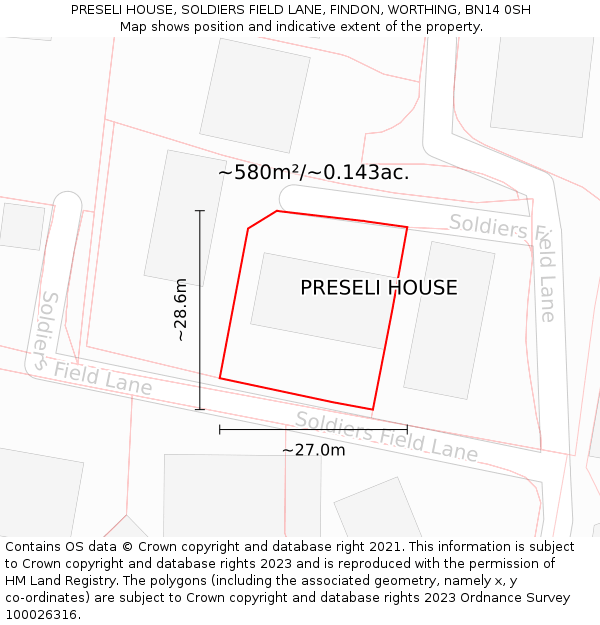 PRESELI HOUSE, SOLDIERS FIELD LANE, FINDON, WORTHING, BN14 0SH: Plot and title map