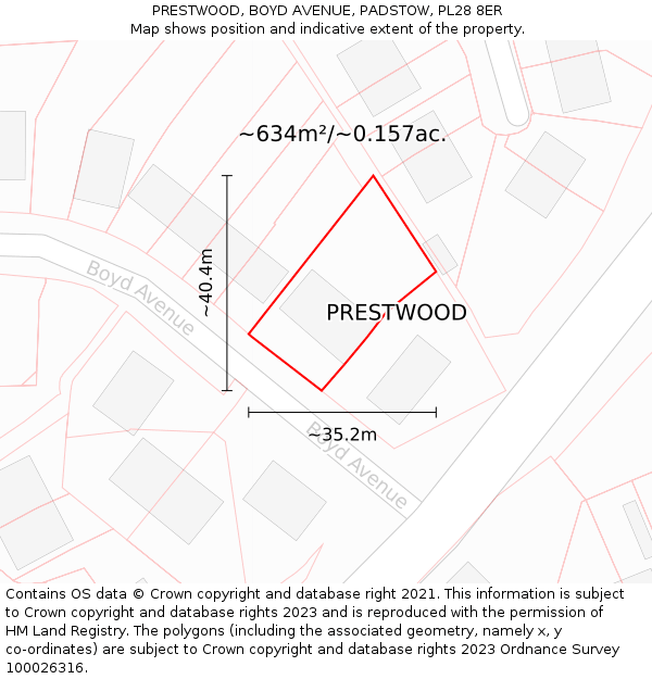 PRESTWOOD, BOYD AVENUE, PADSTOW, PL28 8ER: Plot and title map