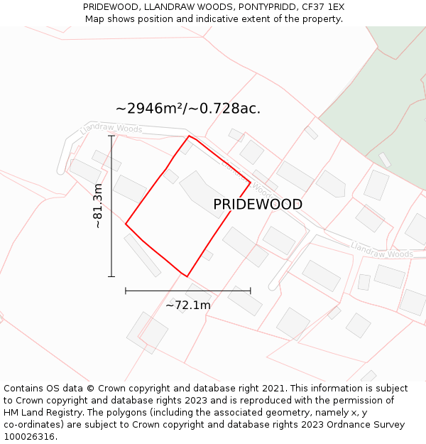 PRIDEWOOD, LLANDRAW WOODS, PONTYPRIDD, CF37 1EX: Plot and title map