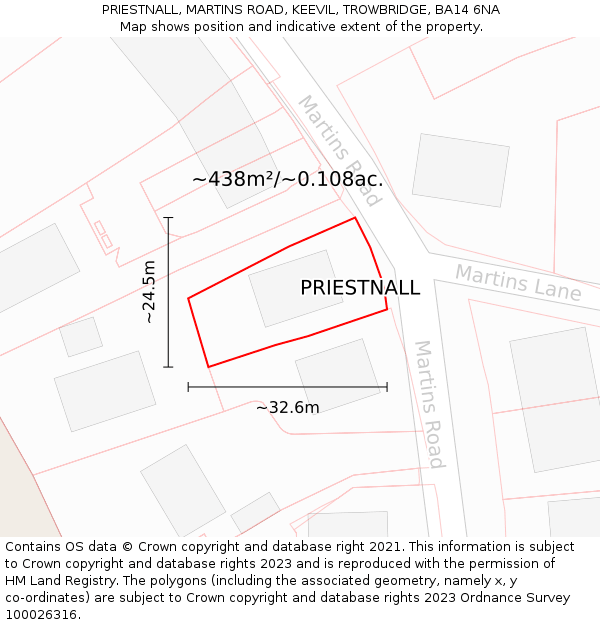 PRIESTNALL, MARTINS ROAD, KEEVIL, TROWBRIDGE, BA14 6NA: Plot and title map