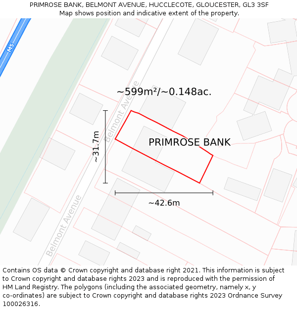 PRIMROSE BANK, BELMONT AVENUE, HUCCLECOTE, GLOUCESTER, GL3 3SF: Plot and title map
