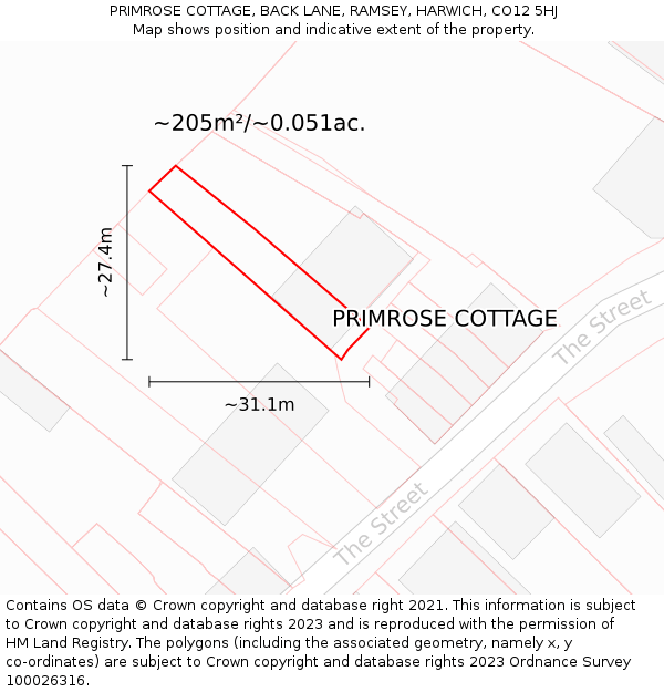 PRIMROSE COTTAGE, BACK LANE, RAMSEY, HARWICH, CO12 5HJ: Plot and title map