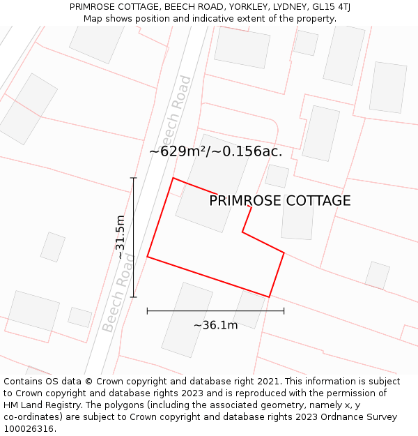 PRIMROSE COTTAGE, BEECH ROAD, YORKLEY, LYDNEY, GL15 4TJ: Plot and title map