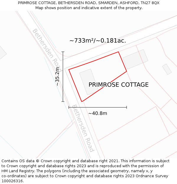 PRIMROSE COTTAGE, BETHERSDEN ROAD, SMARDEN, ASHFORD, TN27 8QX: Plot and title map