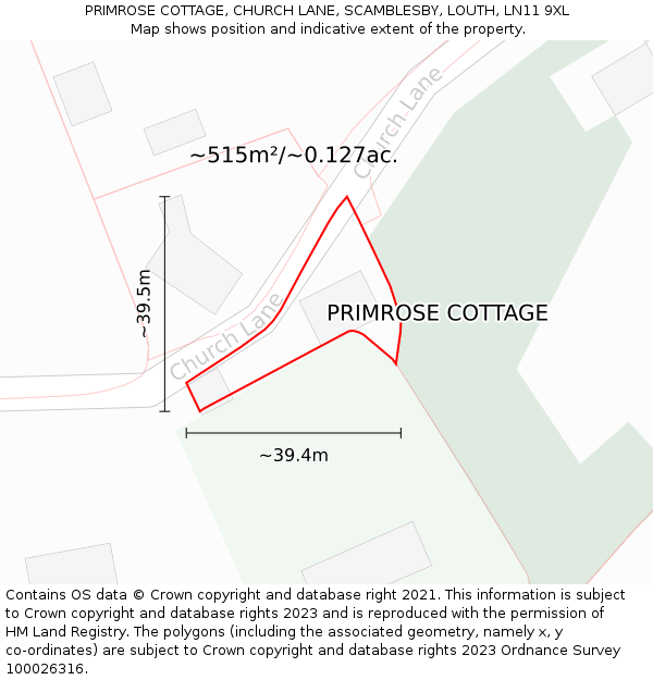 PRIMROSE COTTAGE, CHURCH LANE, SCAMBLESBY, LOUTH, LN11 9XL: Plot and title map