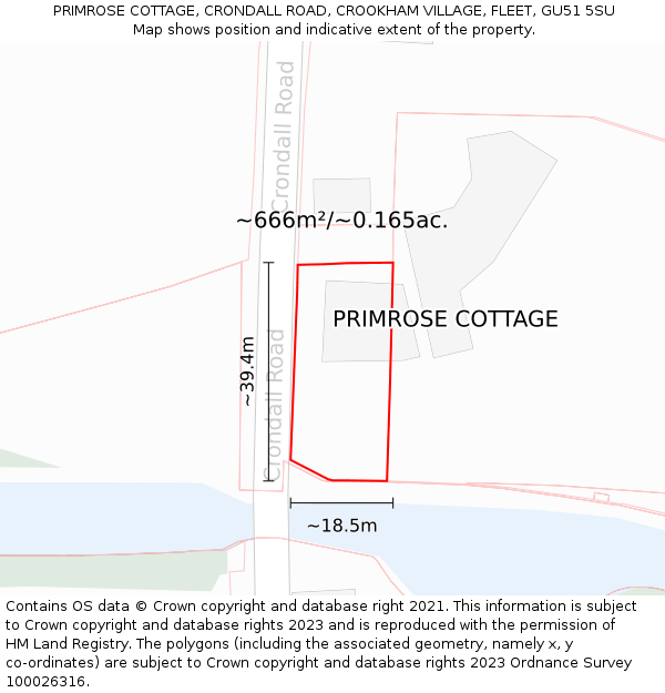 PRIMROSE COTTAGE, CRONDALL ROAD, CROOKHAM VILLAGE, FLEET, GU51 5SU: Plot and title map