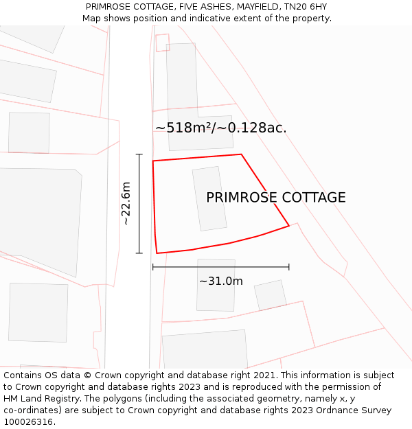 PRIMROSE COTTAGE, FIVE ASHES, MAYFIELD, TN20 6HY: Plot and title map