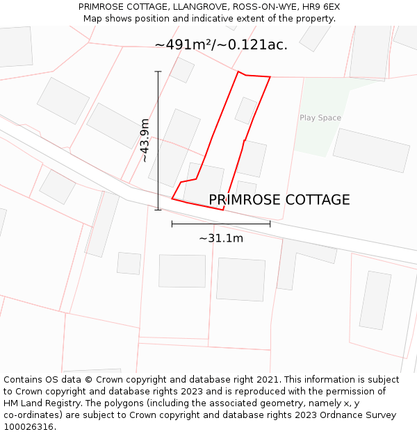 PRIMROSE COTTAGE, LLANGROVE, ROSS-ON-WYE, HR9 6EX: Plot and title map