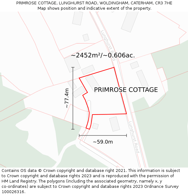 PRIMROSE COTTAGE, LUNGHURST ROAD, WOLDINGHAM, CATERHAM, CR3 7HE: Plot and title map