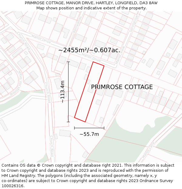 PRIMROSE COTTAGE, MANOR DRIVE, HARTLEY, LONGFIELD, DA3 8AW: Plot and title map