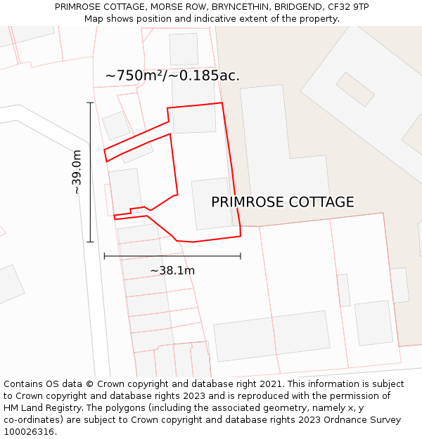 PRIMROSE COTTAGE, MORSE ROW, BRYNCETHIN, BRIDGEND, CF32 9TP: Plot and title map