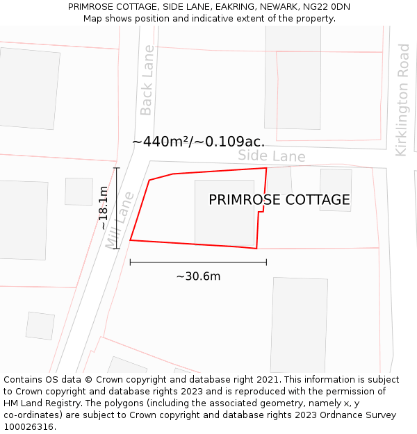 PRIMROSE COTTAGE, SIDE LANE, EAKRING, NEWARK, NG22 0DN: Plot and title map