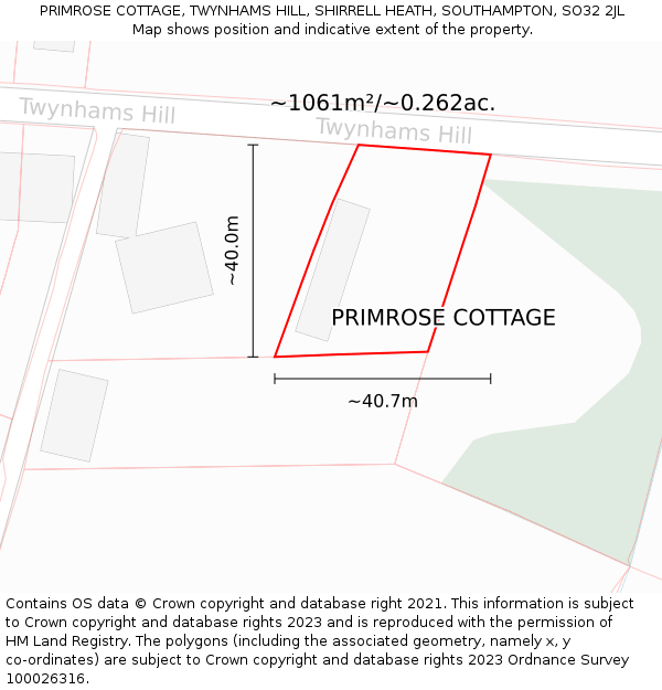 PRIMROSE COTTAGE, TWYNHAMS HILL, SHIRRELL HEATH, SOUTHAMPTON, SO32 2JL: Plot and title map