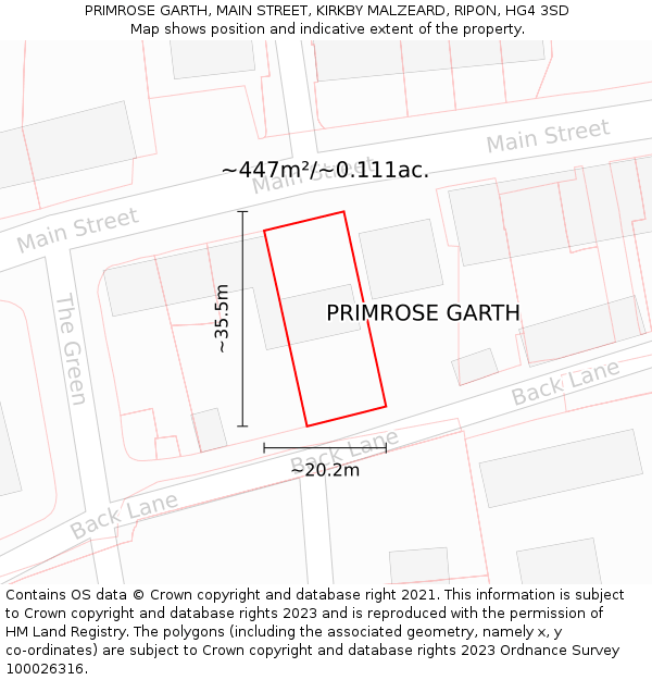 PRIMROSE GARTH, MAIN STREET, KIRKBY MALZEARD, RIPON, HG4 3SD: Plot and title map