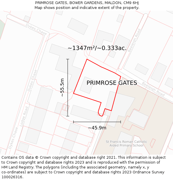 PRIMROSE GATES, BOWER GARDENS, MALDON, CM9 6HJ: Plot and title map