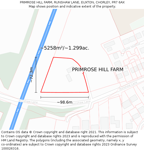 PRIMROSE HILL FARM, RUNSHAW LANE, EUXTON, CHORLEY, PR7 6AX: Plot and title map