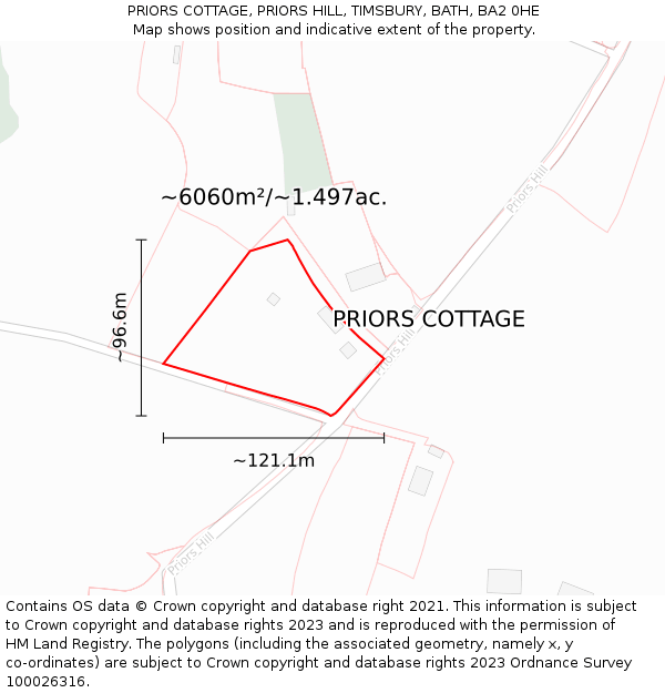 PRIORS COTTAGE, PRIORS HILL, TIMSBURY, BATH, BA2 0HE: Plot and title map