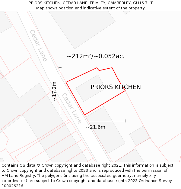 PRIORS KITCHEN, CEDAR LANE, FRIMLEY, CAMBERLEY, GU16 7HT: Plot and title map