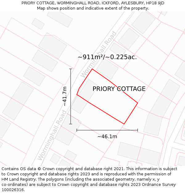 PRIORY COTTAGE, WORMINGHALL ROAD, ICKFORD, AYLESBURY, HP18 9JD: Plot and title map
