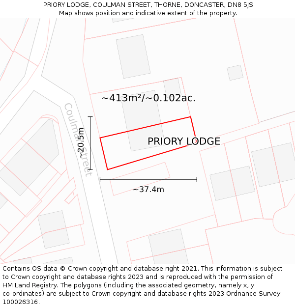 PRIORY LODGE, COULMAN STREET, THORNE, DONCASTER, DN8 5JS: Plot and title map