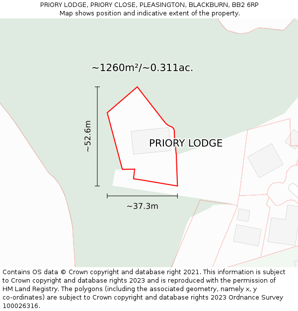 PRIORY LODGE, PRIORY CLOSE, PLEASINGTON, BLACKBURN, BB2 6RP: Plot and title map
