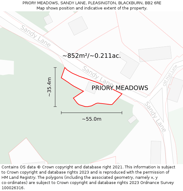 PRIORY MEADOWS, SANDY LANE, PLEASINGTON, BLACKBURN, BB2 6RE: Plot and title map