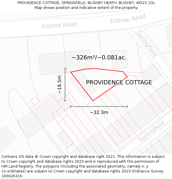 PROVIDENCE COTTAGE, SPRINGFIELD, BUSHEY HEATH, BUSHEY, WD23 1GL: Plot and title map