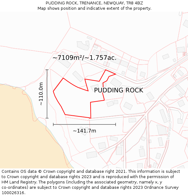 PUDDING ROCK, TRENANCE, NEWQUAY, TR8 4BZ: Plot and title map