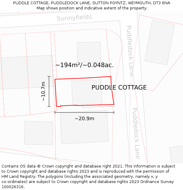 PUDDLE COTTAGE, PUDDLEDOCK LANE, SUTTON POYNTZ, WEYMOUTH, DT3 6NA: Plot and title map