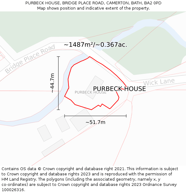 PURBECK HOUSE, BRIDGE PLACE ROAD, CAMERTON, BATH, BA2 0PD: Plot and title map