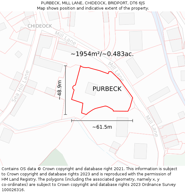 PURBECK, MILL LANE, CHIDEOCK, BRIDPORT, DT6 6JS: Plot and title map
