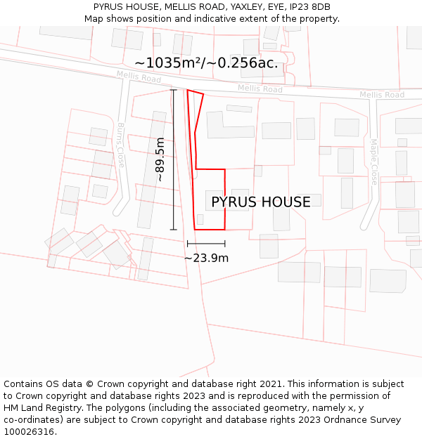 PYRUS HOUSE, MELLIS ROAD, YAXLEY, EYE, IP23 8DB: Plot and title map