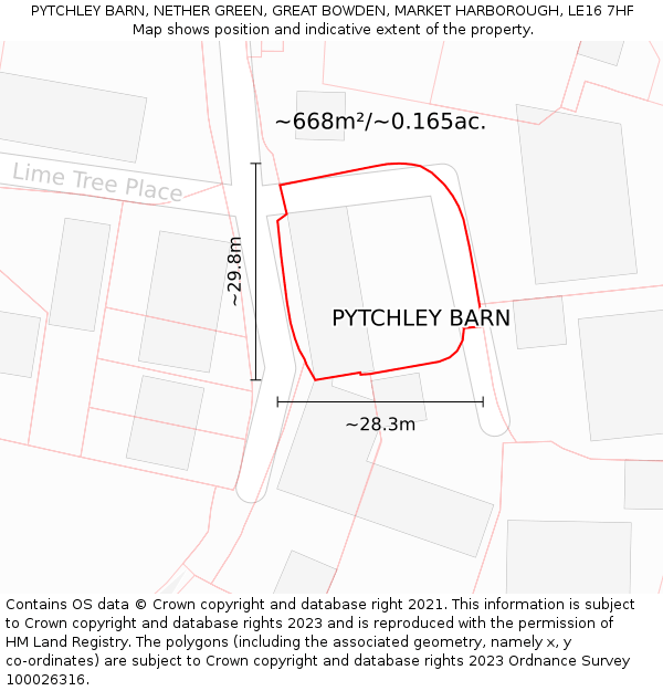 PYTCHLEY BARN, NETHER GREEN, GREAT BOWDEN, MARKET HARBOROUGH, LE16 7HF: Plot and title map