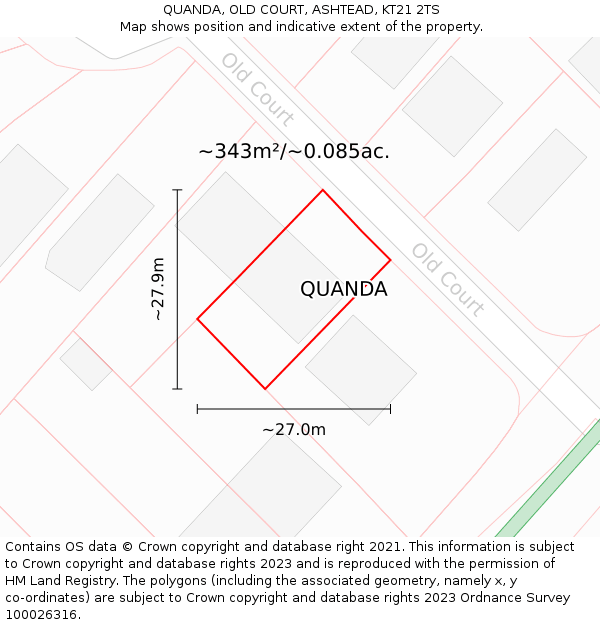 QUANDA, OLD COURT, ASHTEAD, KT21 2TS: Plot and title map