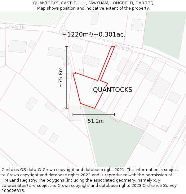 QUANTOCKS, CASTLE HILL, FAWKHAM, LONGFIELD, DA3 7BQ: Plot and title map