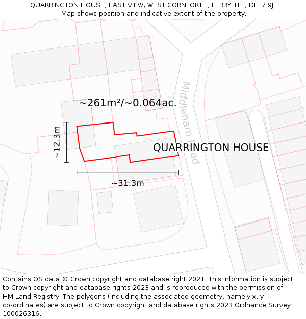 QUARRINGTON HOUSE, EAST VIEW, WEST CORNFORTH, FERRYHILL, DL17 9JF: Plot and title map