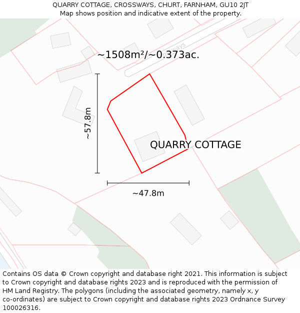 QUARRY COTTAGE, CROSSWAYS, CHURT, FARNHAM, GU10 2JT: Plot and title map