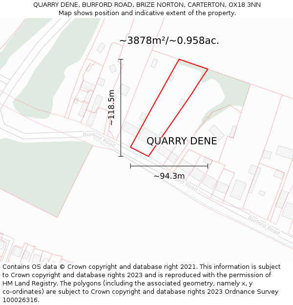 QUARRY DENE, BURFORD ROAD, BRIZE NORTON, CARTERTON, OX18 3NN: Plot and title map