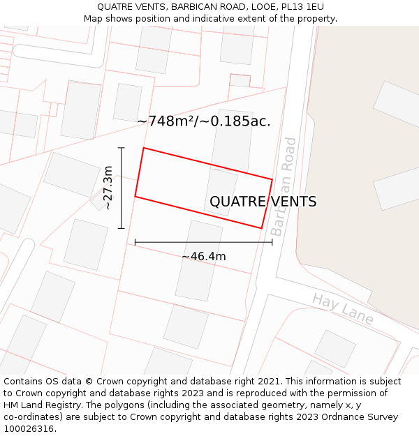 QUATRE VENTS, BARBICAN ROAD, LOOE, PL13 1EU: Plot and title map