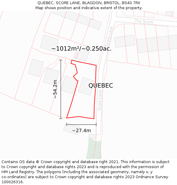 QUEBEC, SCORE LANE, BLAGDON, BRISTOL, BS40 7RX: Plot and title map
