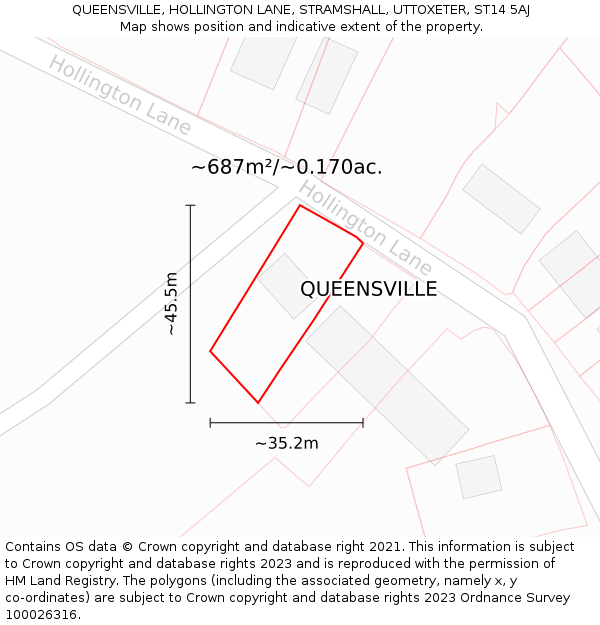 QUEENSVILLE, HOLLINGTON LANE, STRAMSHALL, UTTOXETER, ST14 5AJ: Plot and title map