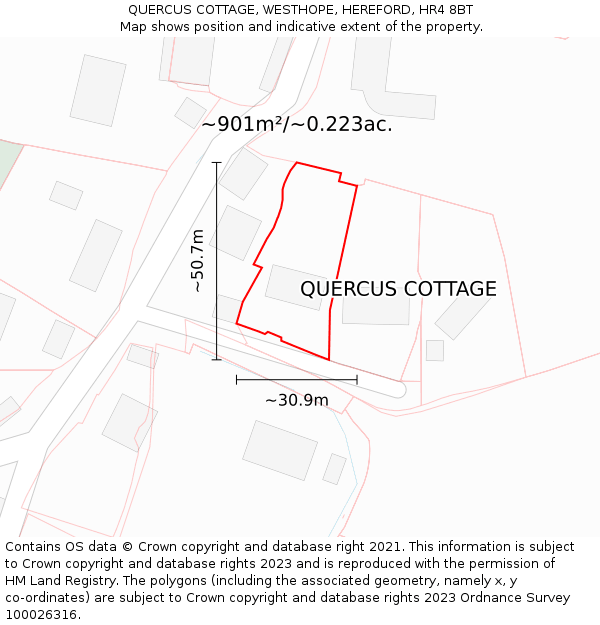 QUERCUS COTTAGE, WESTHOPE, HEREFORD, HR4 8BT: Plot and title map