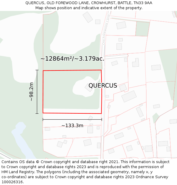 QUERCUS, OLD FOREWOOD LANE, CROWHURST, BATTLE, TN33 9AA: Plot and title map