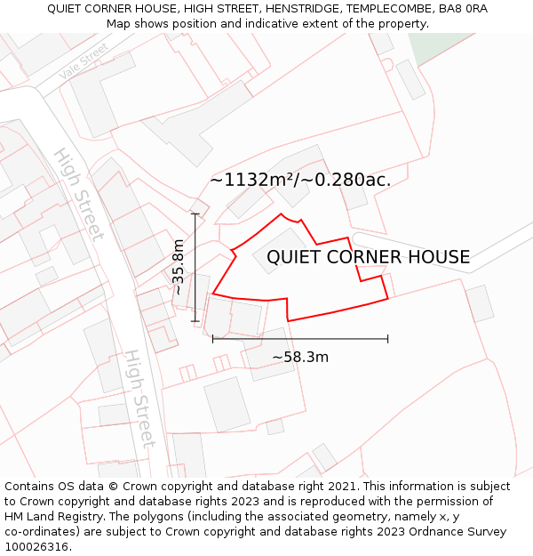 QUIET CORNER HOUSE, HIGH STREET, HENSTRIDGE, TEMPLECOMBE, BA8 0RA: Plot and title map