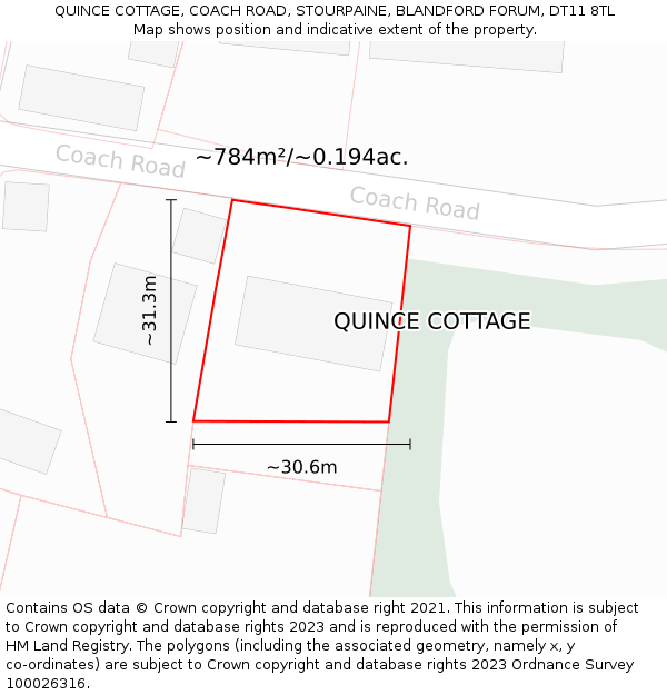 QUINCE COTTAGE, COACH ROAD, STOURPAINE, BLANDFORD FORUM, DT11 8TL: Plot and title map