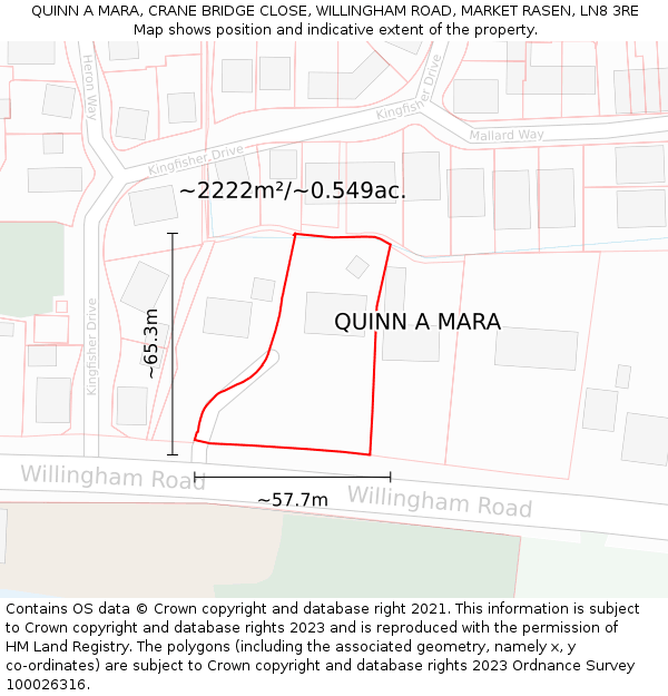 QUINN A MARA, CRANE BRIDGE CLOSE, WILLINGHAM ROAD, MARKET RASEN, LN8 3RE: Plot and title map
